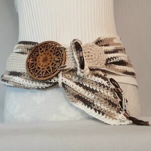 Boho Striped Cream & Brown Fringe Crochet Belt Jumbo Carved Wooden Buckle